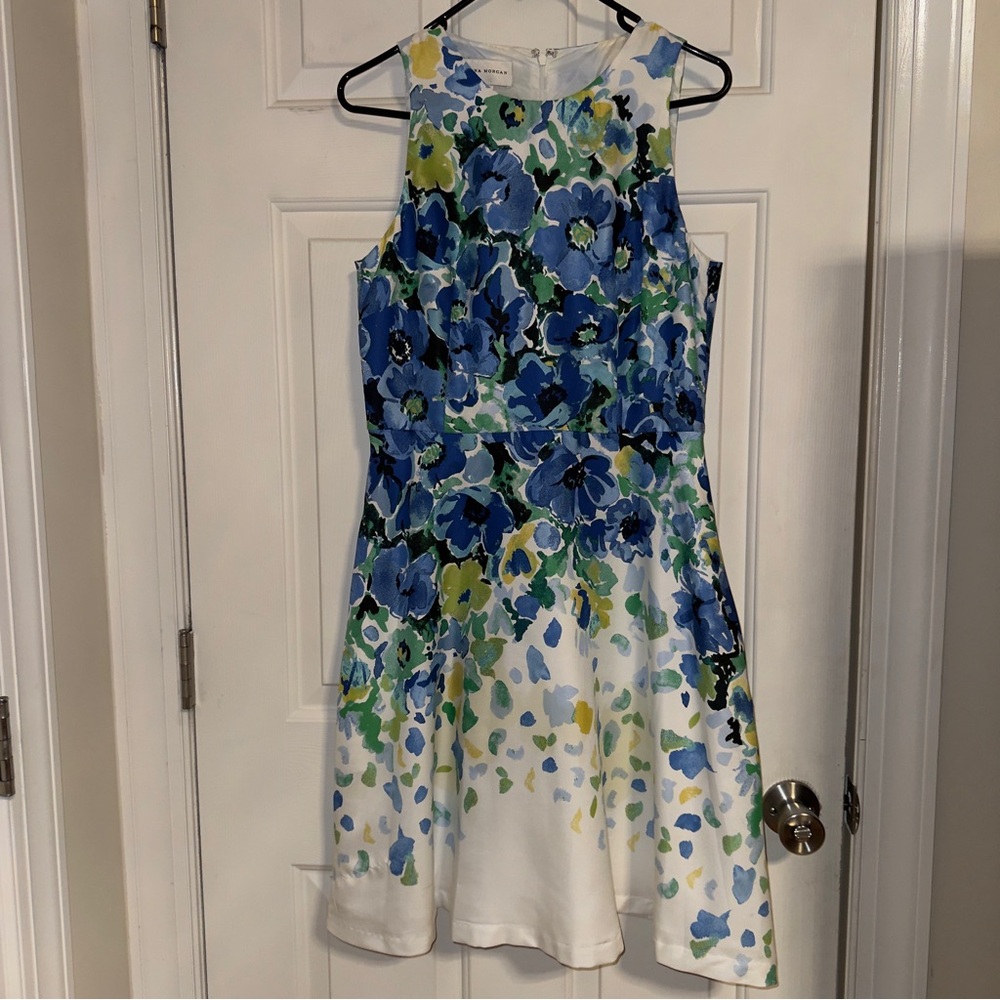 Donna Morgan White and Blue Floral Fit & Flare Dress Size 8